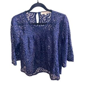 𝅺LOFT Lace Crochet Embroidered 3/4 Sleeve Dark Navy Blue Flowy Blouse Top M